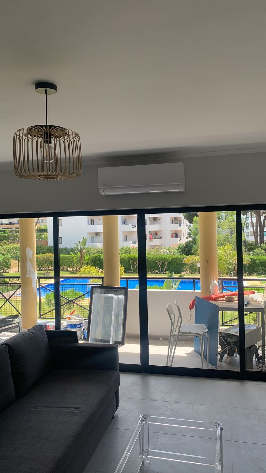 Apartment lounge with pool view